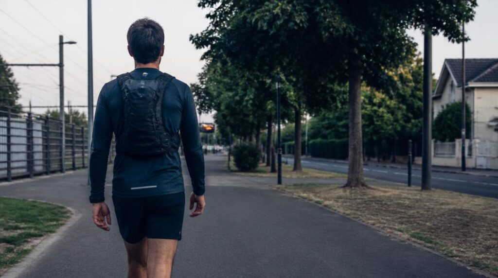 Coureur rejoignant le village après un trajet en train