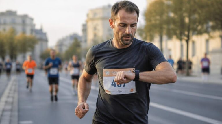 Coureur vérifiant son allure pour un semi-marathon en 2 h