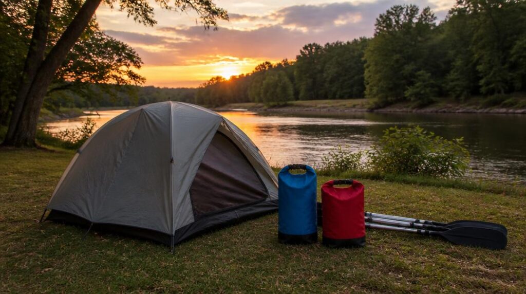 Tente et sacs étanches pour bivouac canoë Dordogne