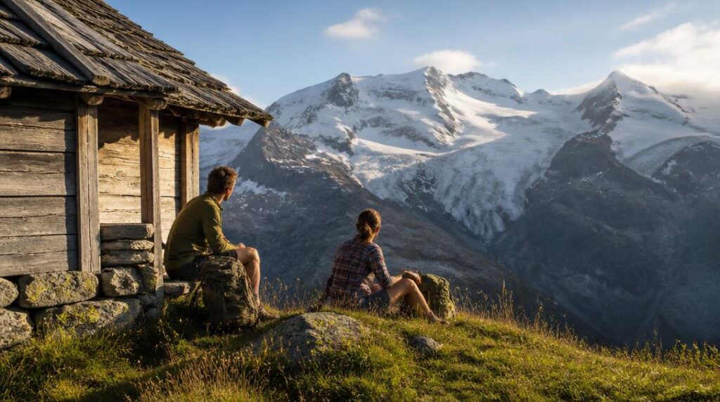 Chalets d’alpage face aux sommets enneigés
