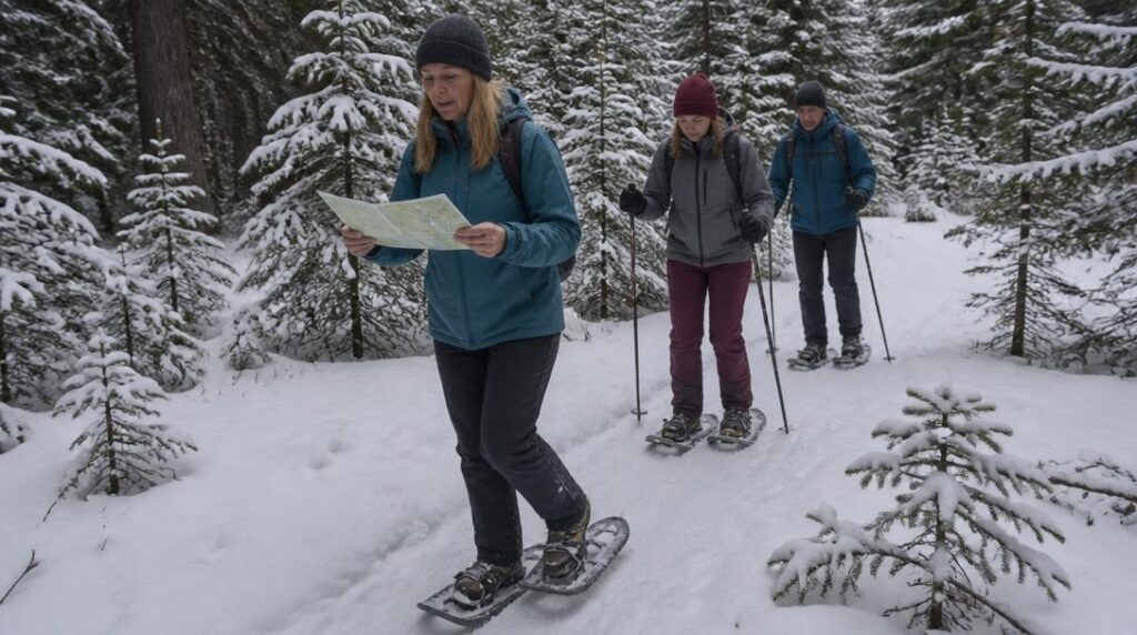 Groupe suivant un circuit raquettes balisé en forêt