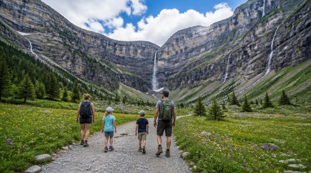 Sentier familial entre cascades et falaises alpines