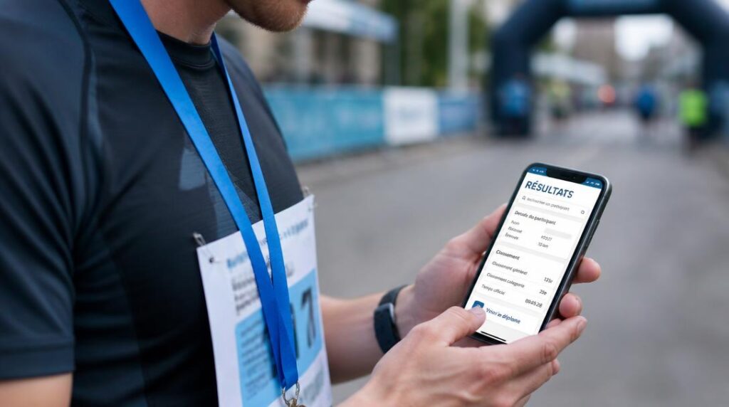 Coureur vérifiant son classement 10 km sur smartphone