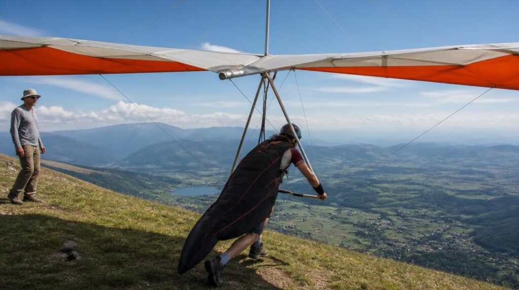 Pilote de deltaplane au départ sur une pente