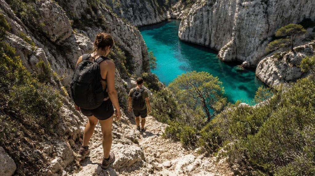 Descente de randonnée vers une crique turquoise