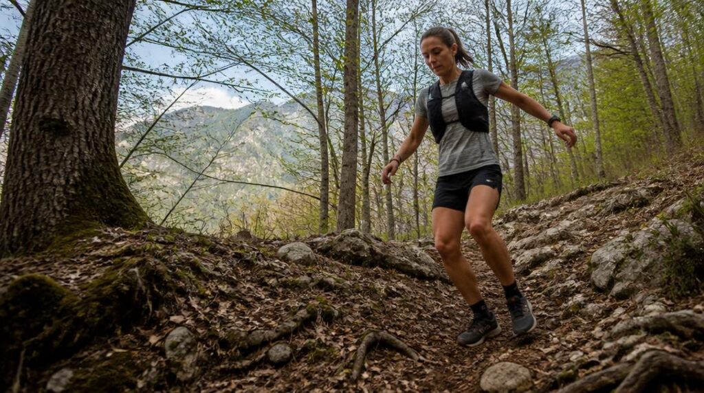 Descente technique sur sentier de trail montagne