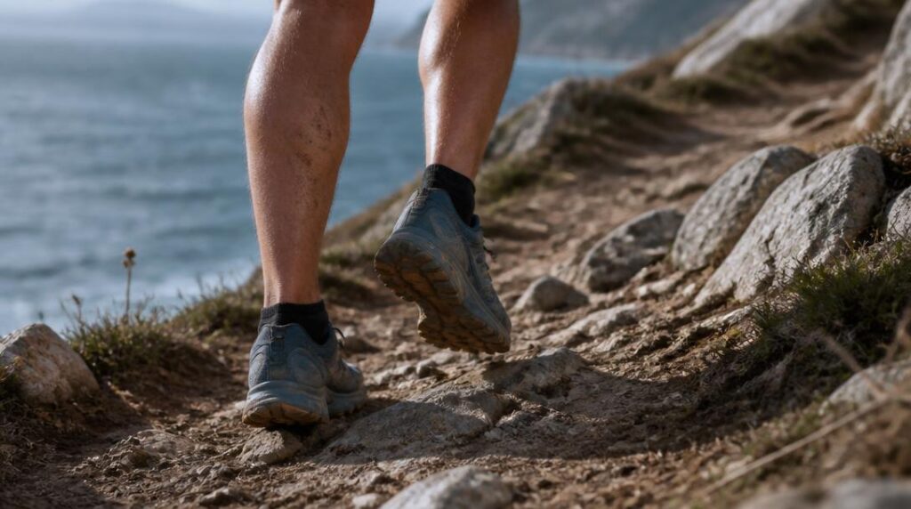 Chaussures de trail sur sentier côtier rocheux