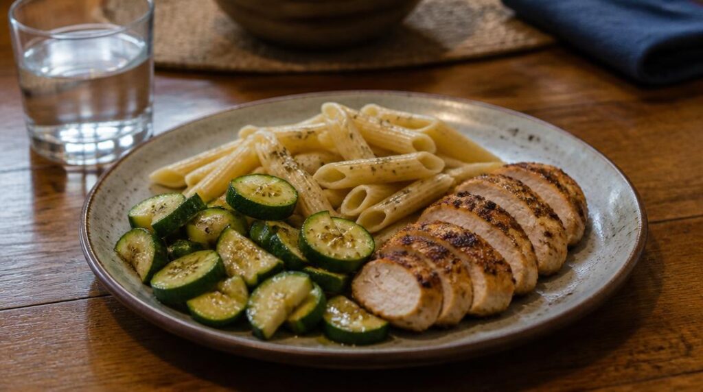 Dîner avant course avec pâtes poulet et légumes cuits