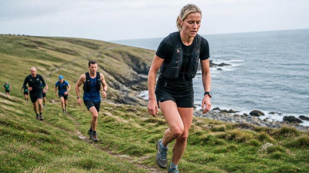 Coureurs sur parcours trail avec dénivelé côtier