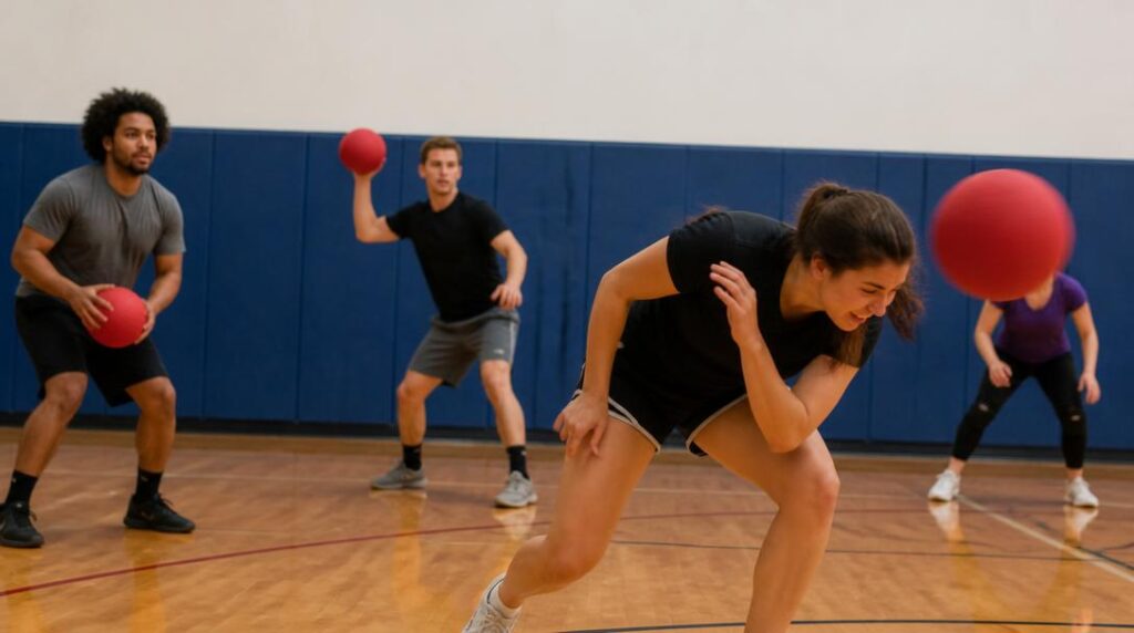 Joueurs de dodgeball en action dans un gymnase