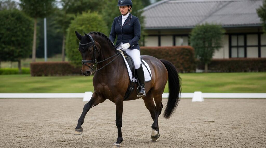 Cavalier pratiquant le dressage dans une carrière