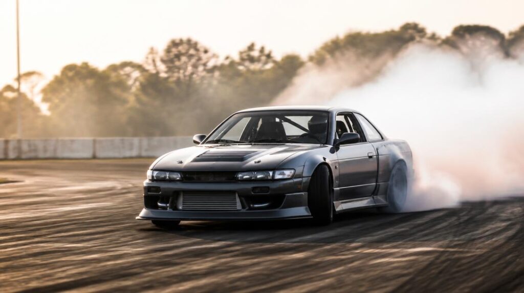 Voiture de drifting en glisse sur circuit