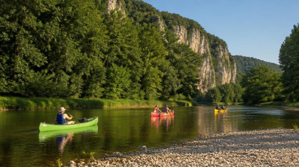 Canoës sur une rivière bordée de falaises calcaires