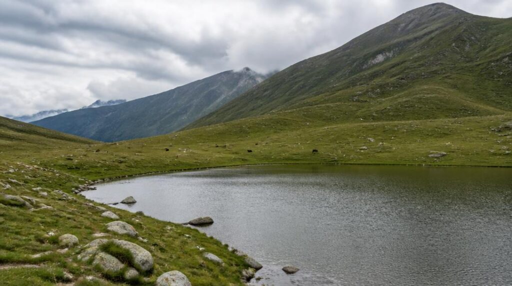 Lac de montagne sauvage dans les pâturages