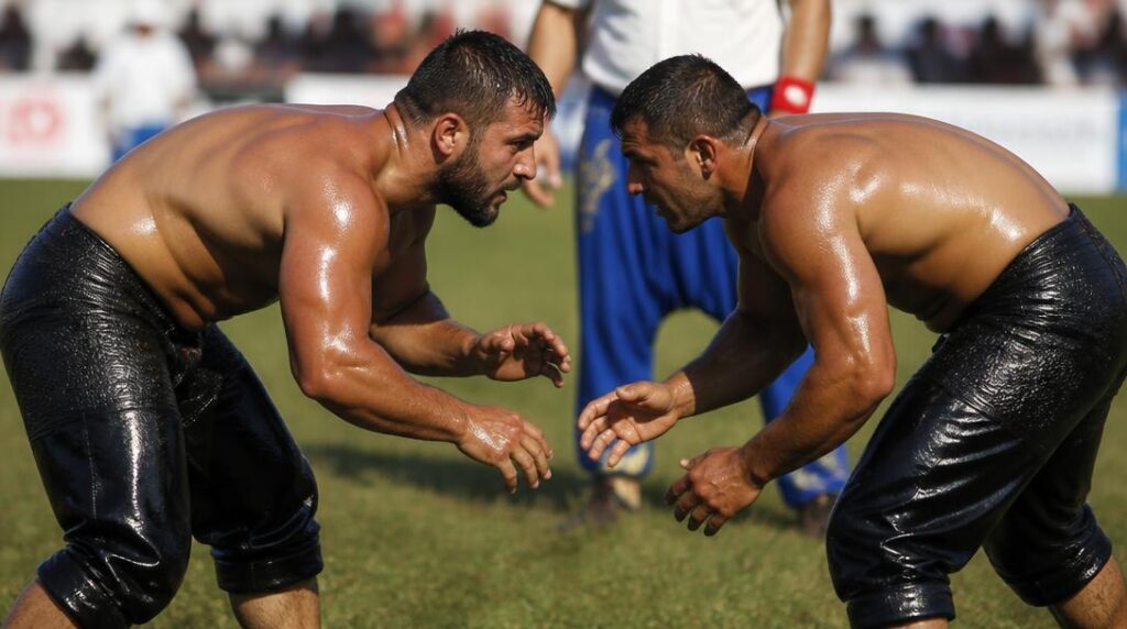 Lutte à l’huile lors d’un combat sportif