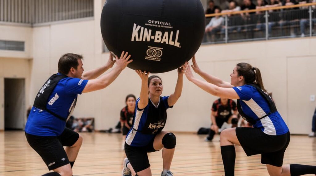 Équipe jouant au Kin-Ball avec ballon géant