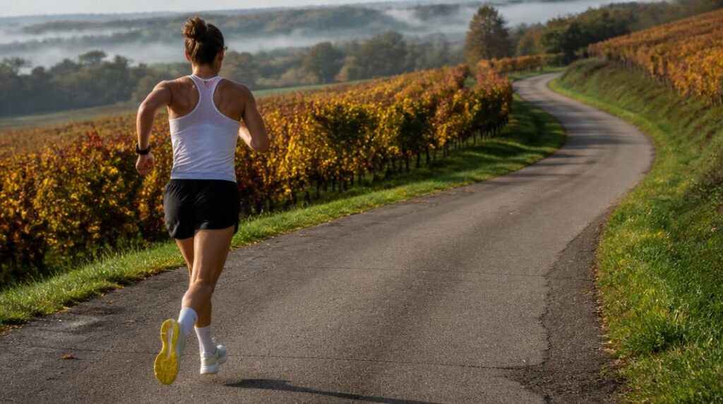 Coureur sur le parcours marathon parmi les vignobles