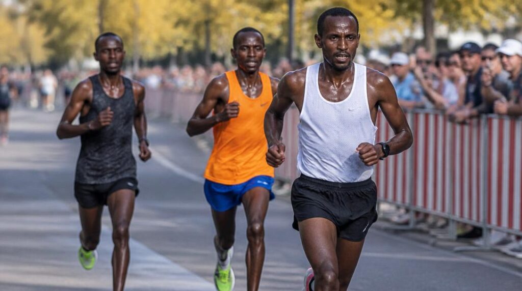 Coureurs élites au coude-à-coude sur marathon