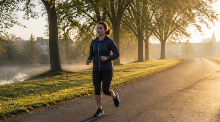 Coureuse préparant un 10km sur route au lever du jour