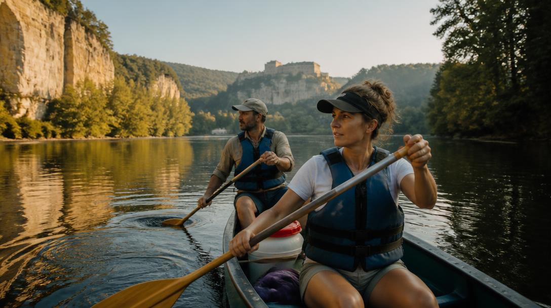 Couple en randonnée en canoë sur la Dordogne