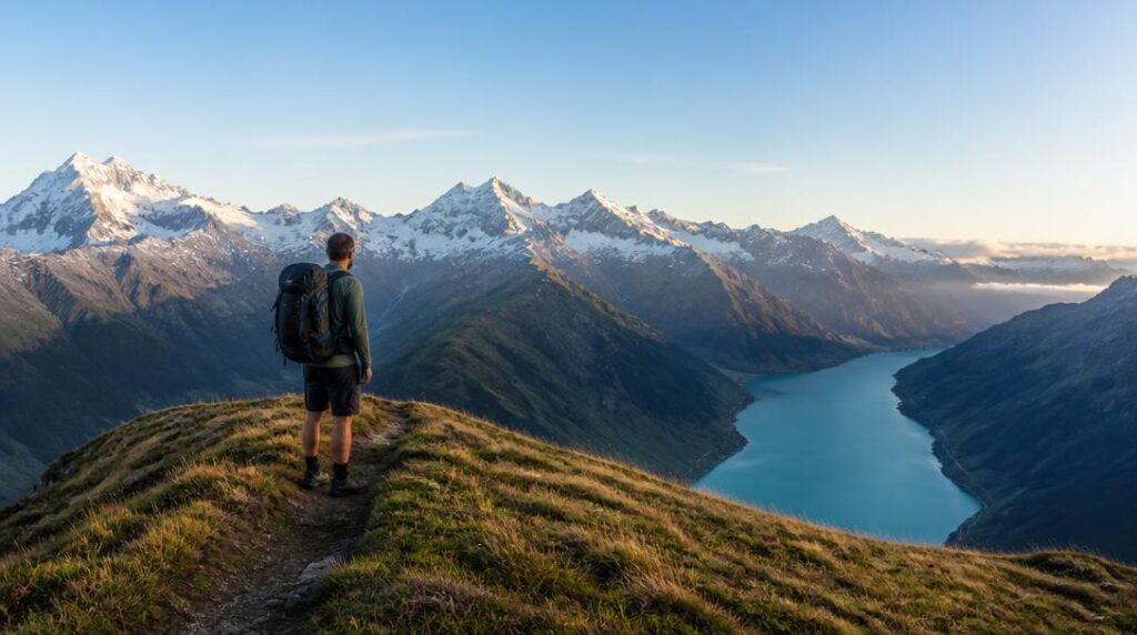 Crête panoramique au-dessus d’un lac de montagne