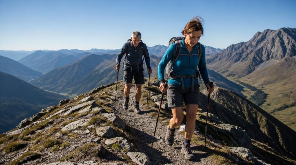 Randonneurs sur une crête avec vue sur les sommets