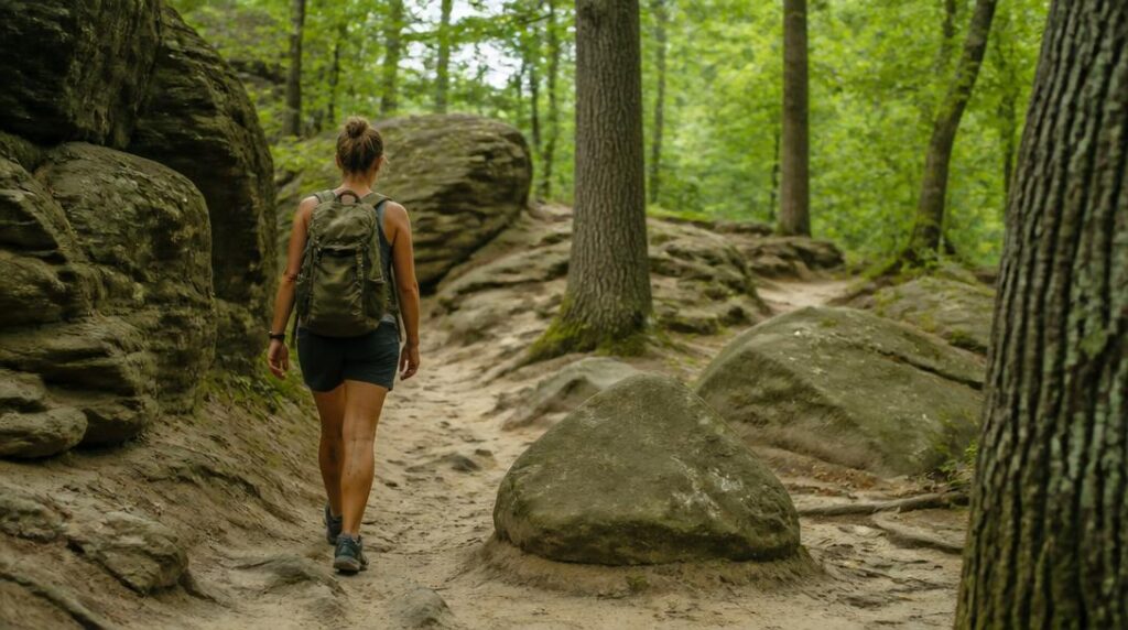 Sentier de randonnée en forêt parmi des blocs de grès