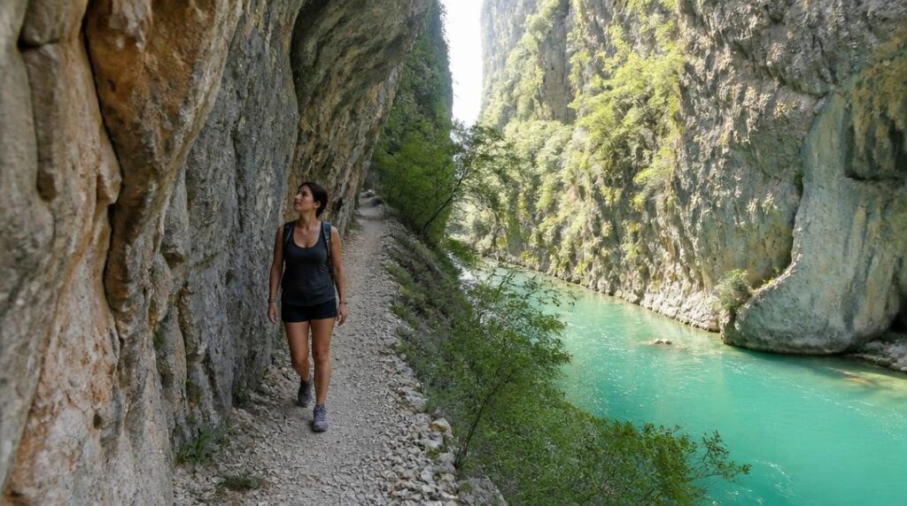 Sentier dans des gorges au bord d'une rivière