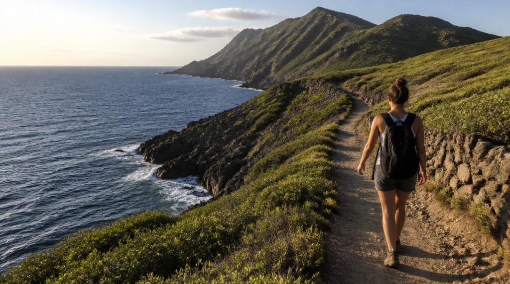 Sentier côtier sur une île aux criques rocheuses