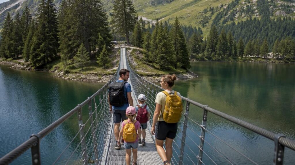 Passerelle suspendue lors d’une randonnée au lac alpin