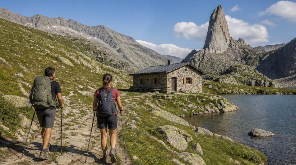Refuge d’altitude face à une aiguille rocheuse