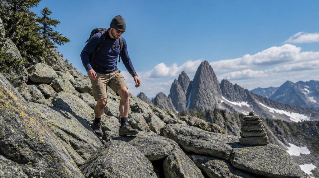 Marcheur sur une randonnée sportive en terrain rocheux