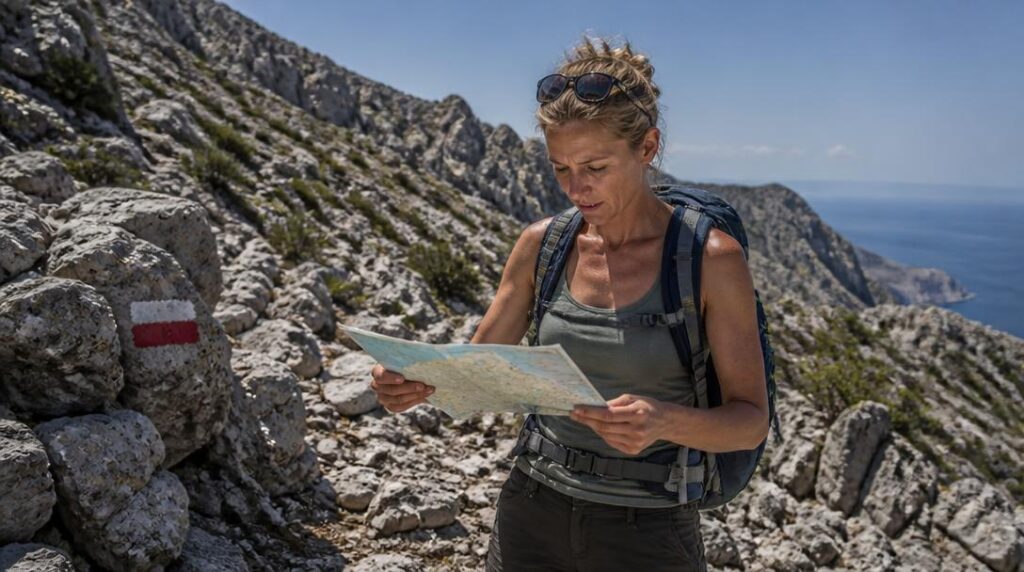 Randonnée sportive sur sentier calcaire exposé