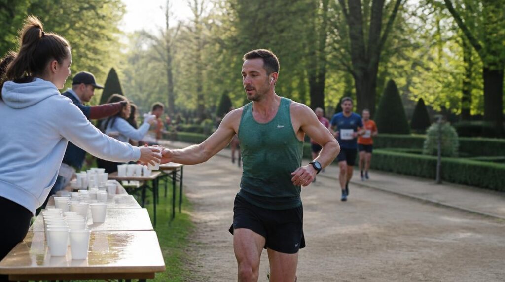 Coureur au ravitaillement d’une course de 15 km