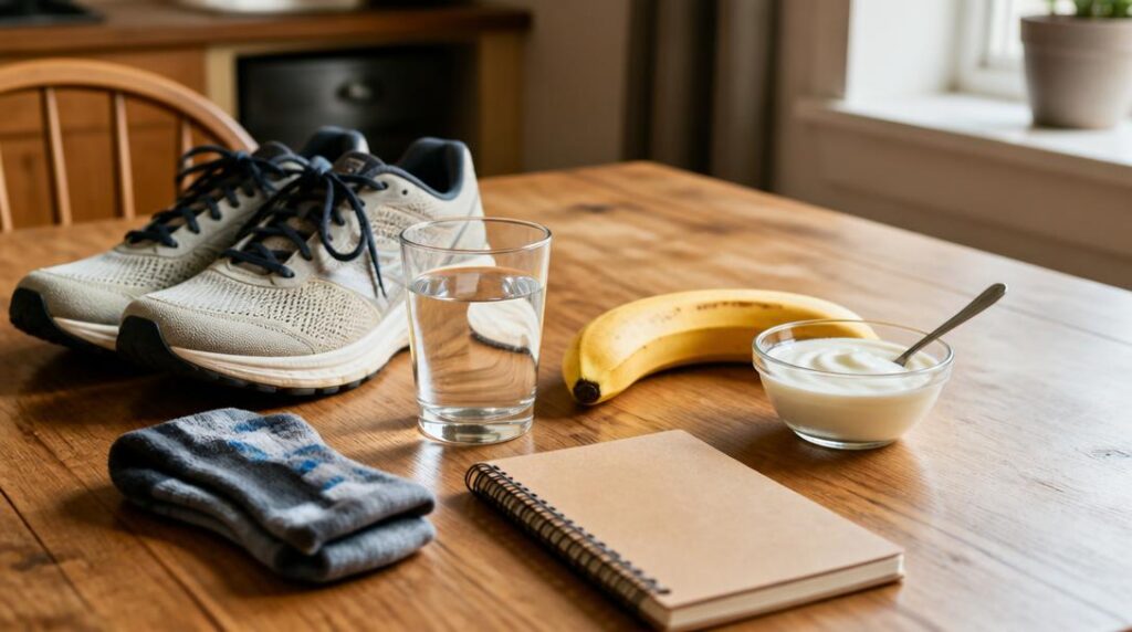 Chaussures, eau et collation pour récupération running