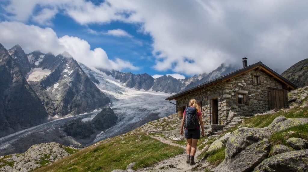 Refuge de montagne près d'un sentier et glacier