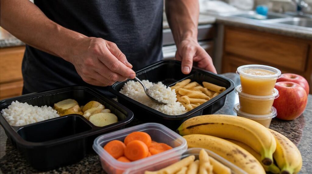 Féculents avant course avec riz pâtes et fruits mûrs