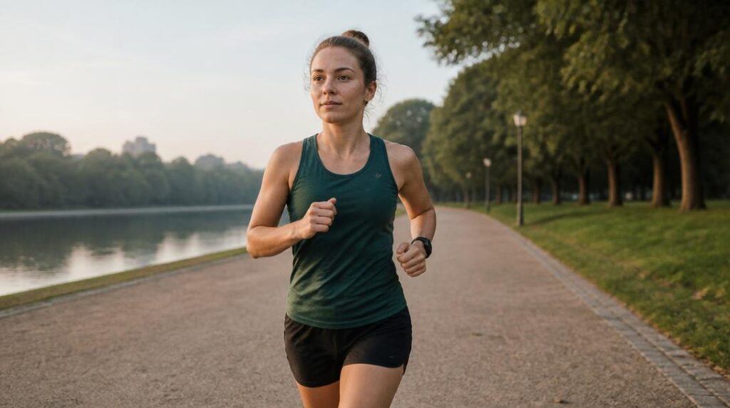 Coureur au footing avec respiration en running détendue