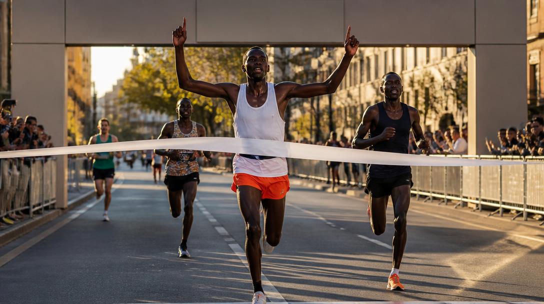 Coureurs franchissant une arrivée urbaine de marathon