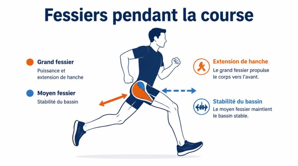 Schéma des muscles fessiers pendant la foulée