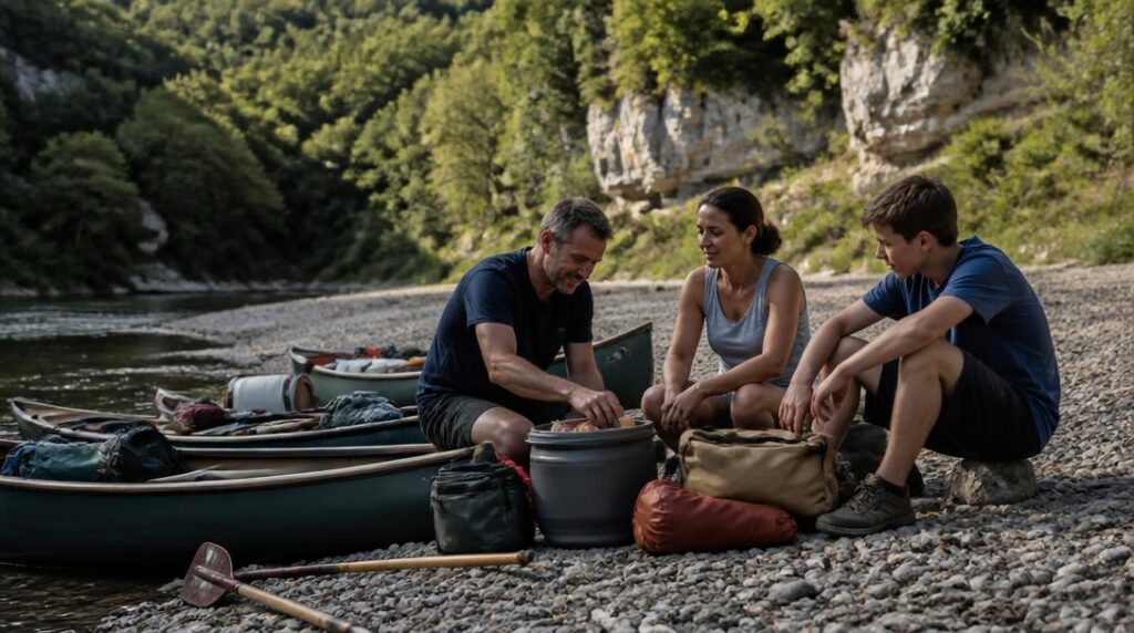 Famille en pause lors d’un séjour canoë Dordogne