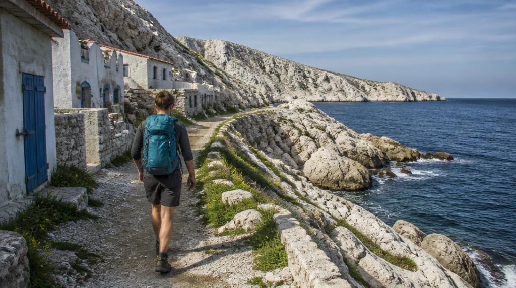 Sentier du littoral méditerranéen près d'un village