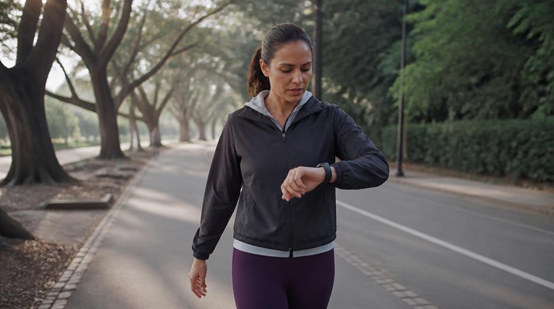 Marcheur vérifiant son temps de marche pour 1 km