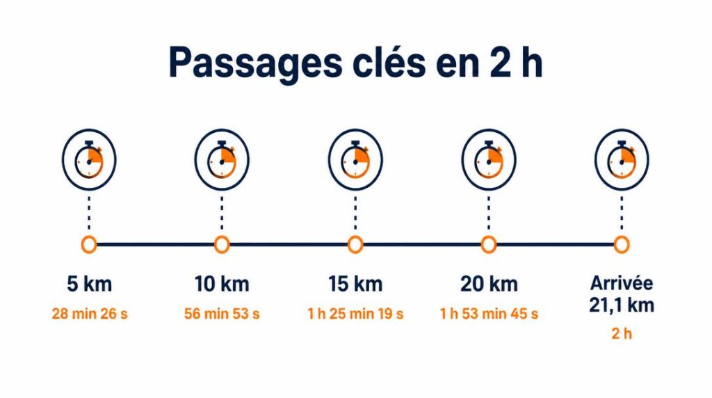 Temps de passage semi-marathon 2h aux kilomètres clés