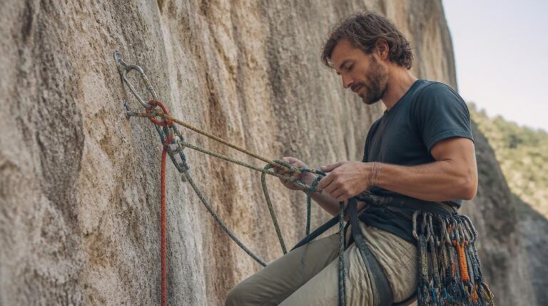 Baudrier grande voie avec porte-matériel chargé sur falaise