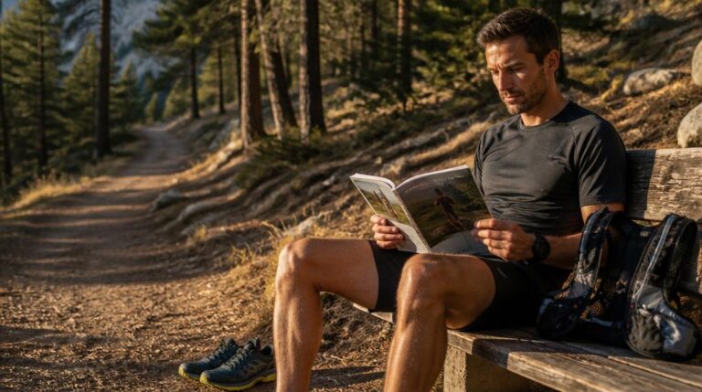 Coureur lisant un magazine de running après un trail