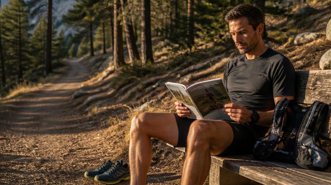 Coureur lisant un magazine de running après un trail