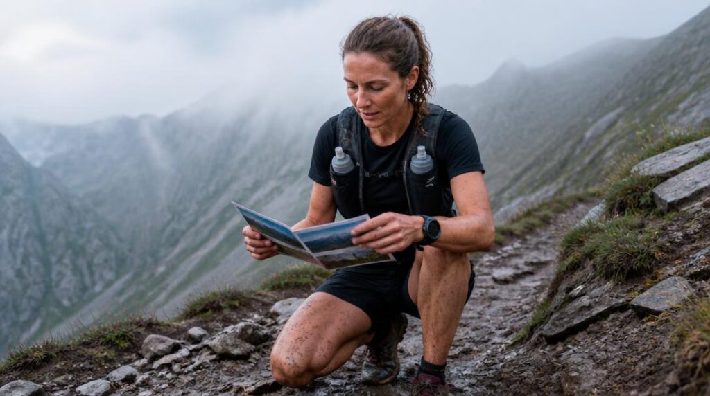 Trailer lisant un magazine trail sur sentier rocheux