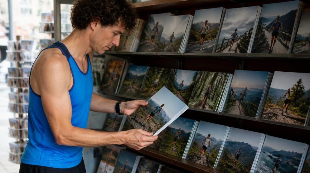 Coureur comparant des magazines de course à pied