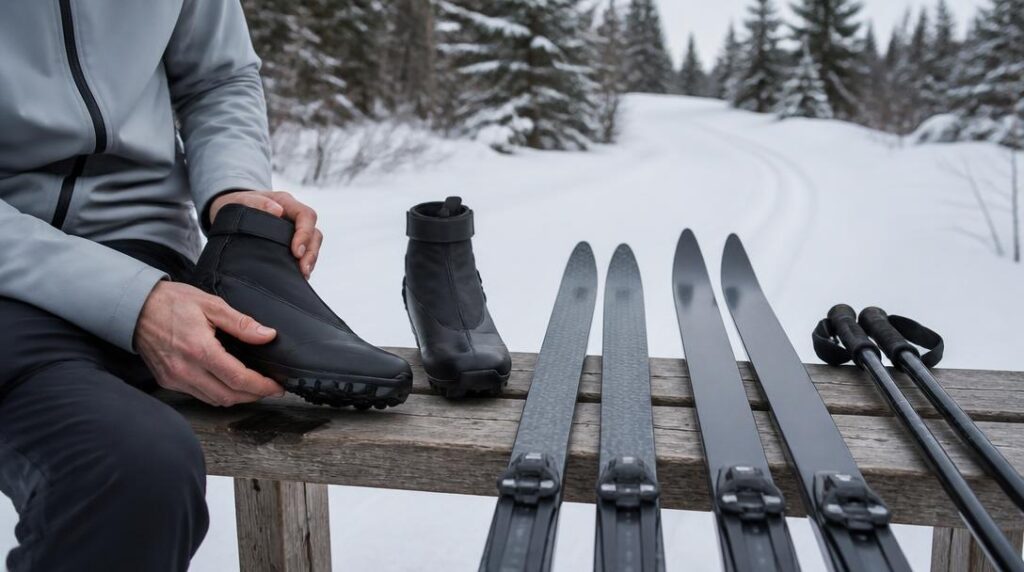 Skis chaussures et bâtons de ski nordique